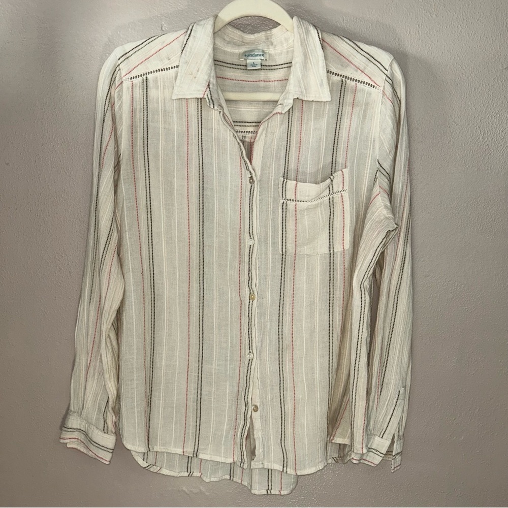 Sundance Cream gauzy cotton Striped Button Down Shirt - Picture 1 of 5